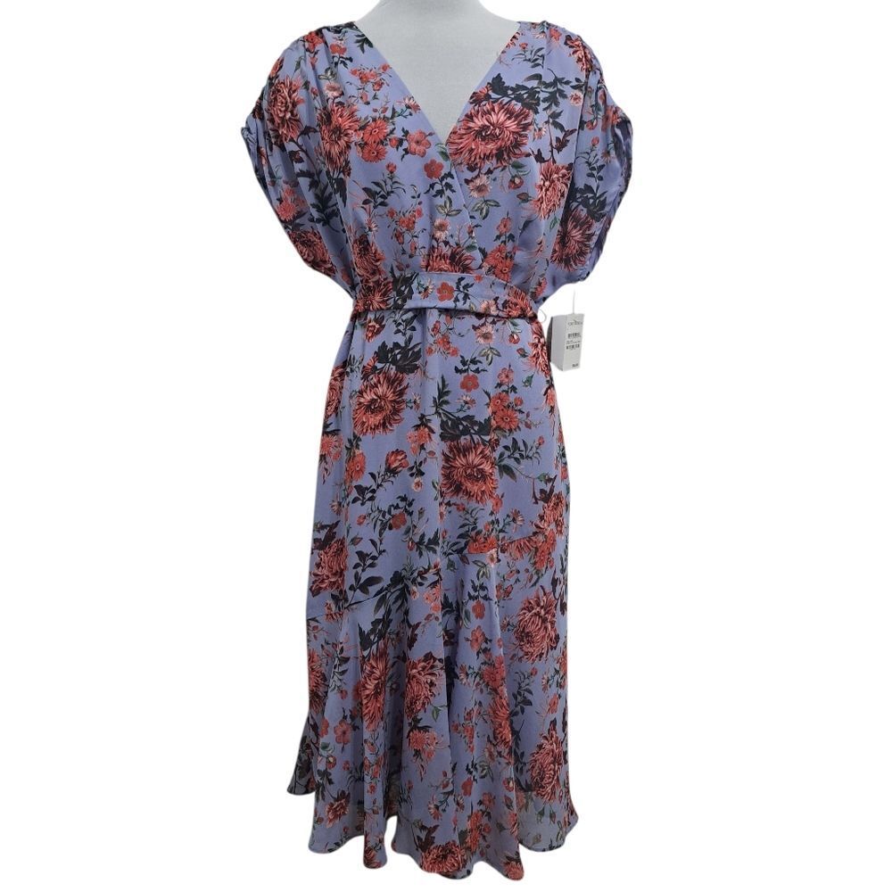 Chelsea 28 Floral Print Boho Chic Faux Wrap V Neck Multi Purple Dress Large NWT